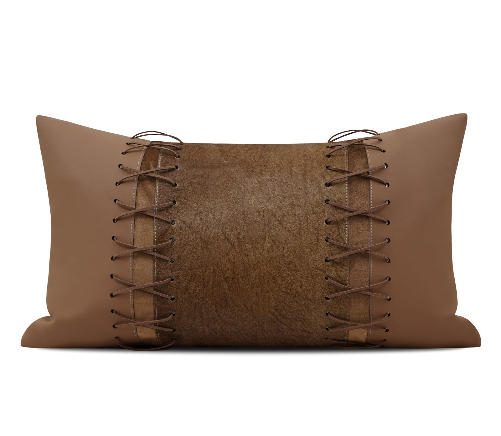 A brown faux-leather rectangular lumbar pillow with decorative lace-up details on both sides, shown against a plain white background 