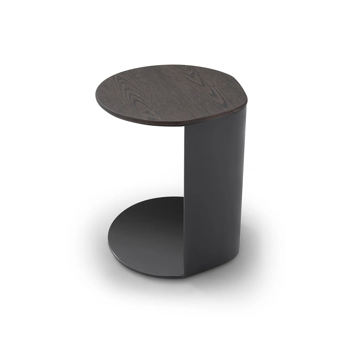 Modern side table with a dark wood top and cylindrical base on a white background