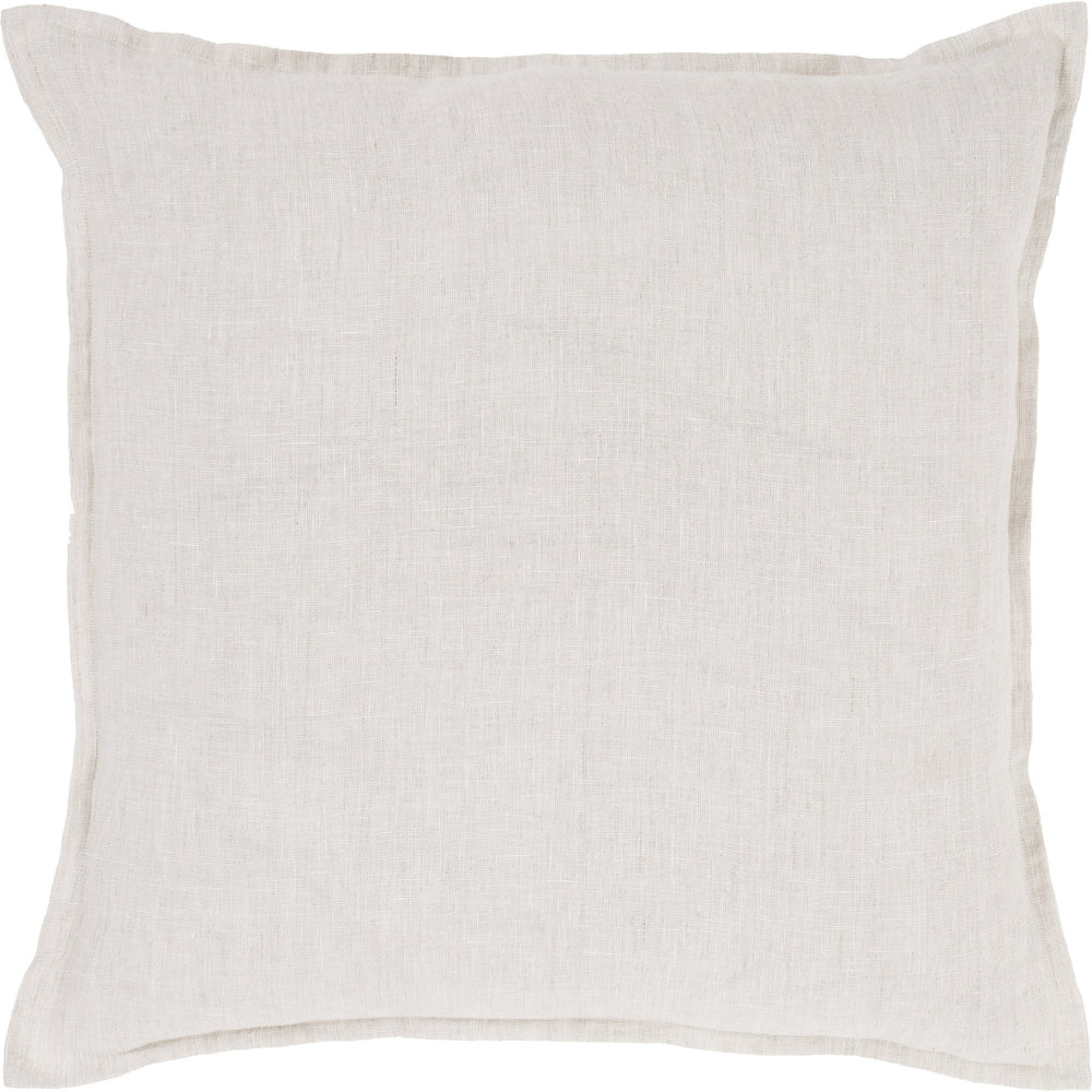 A square-shaped, beige linen throw pillow with a subtle textured pattern.