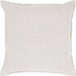 A square-shaped, beige linen throw pillow with a subtle textured pattern.