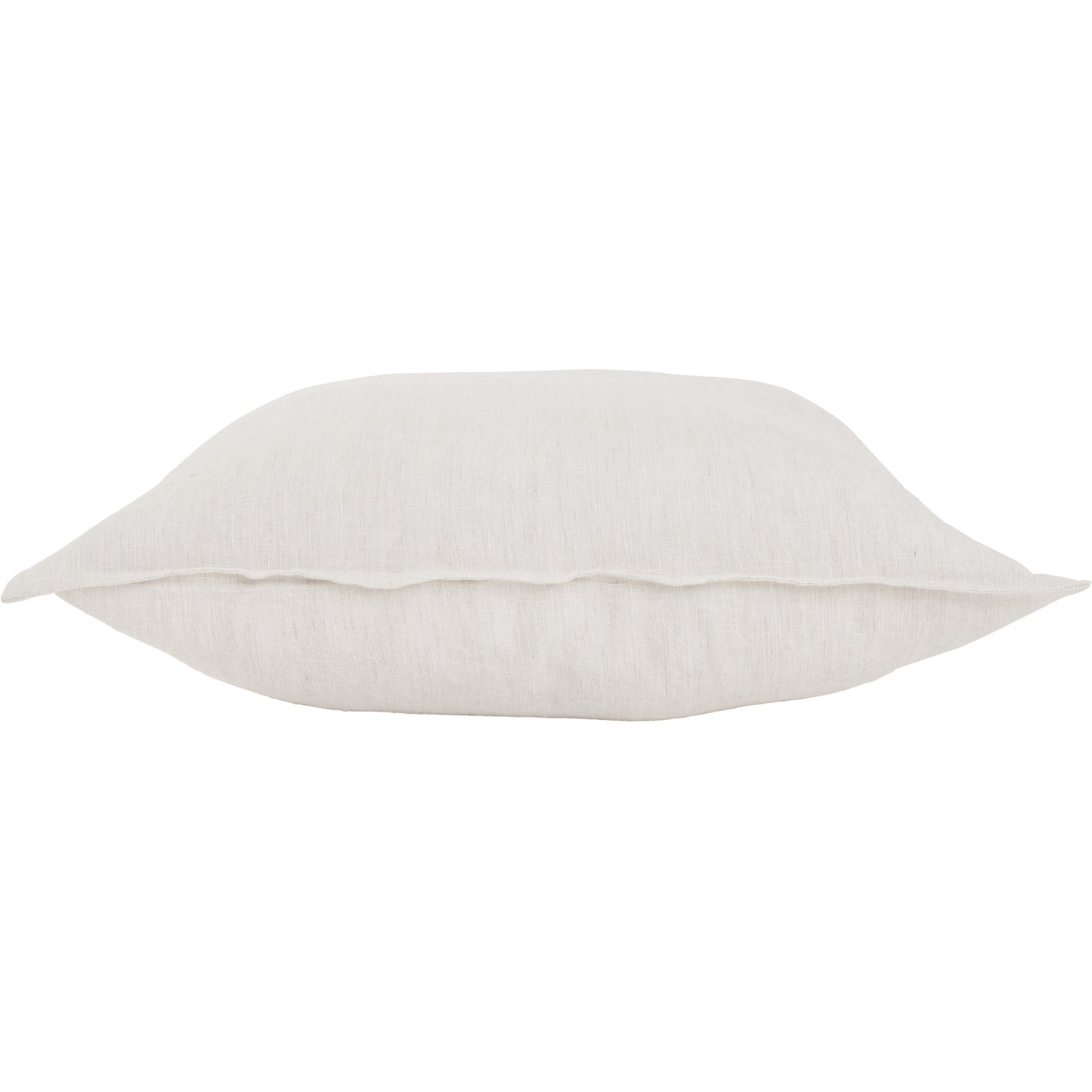 A square-shaped, beige linen throw pillow with a subtle textured pattern.