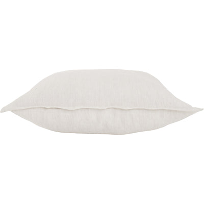A square-shaped, beige linen throw pillow with a subtle textured pattern.