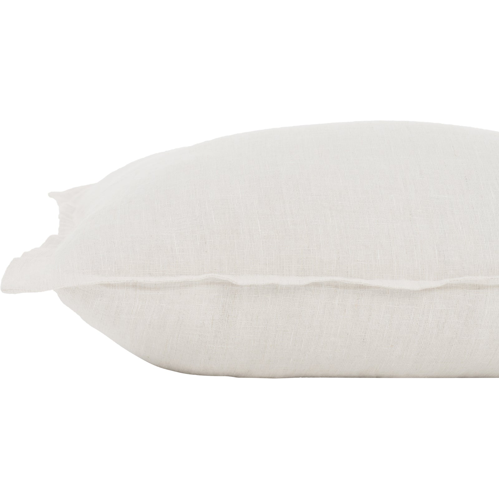 A square-shaped, beige linen throw pillow with a subtle textured pattern.