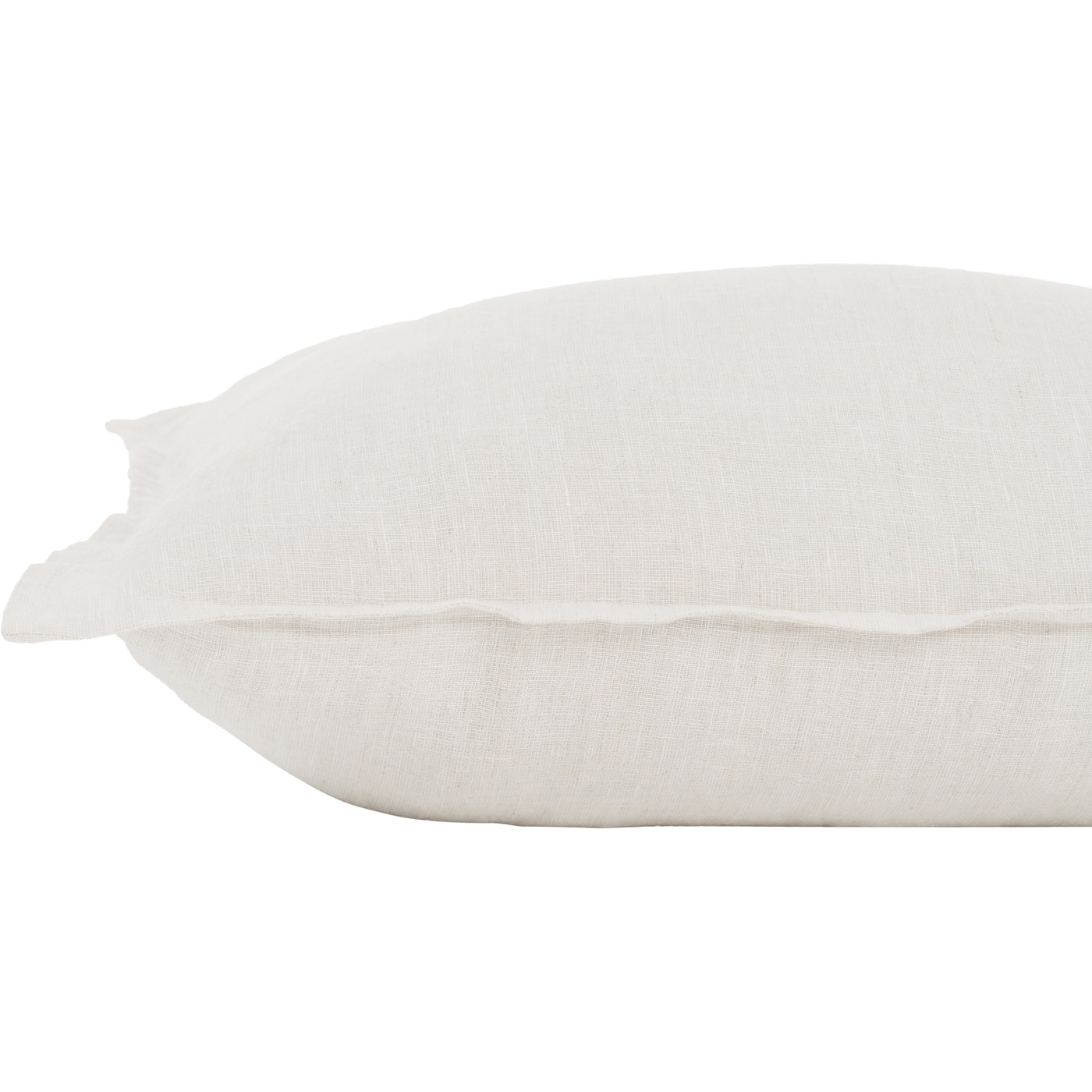 A square-shaped, beige linen throw pillow with a subtle textured pattern.