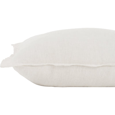 A square-shaped, beige linen throw pillow with a subtle textured pattern.