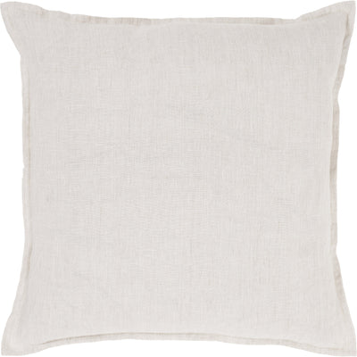 A square-shaped, beige linen throw pillow with a subtle textured pattern.