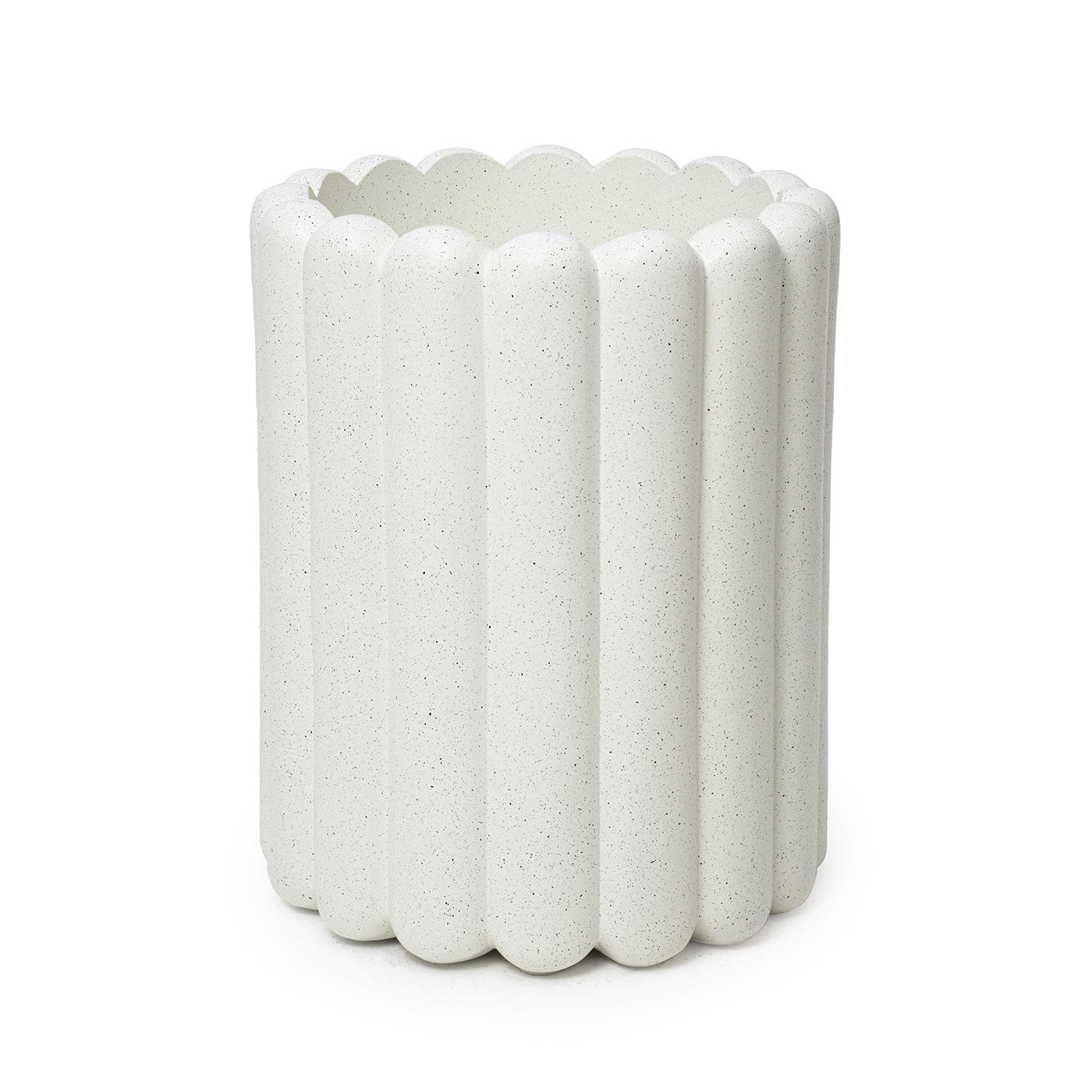 A white cylindrical fiberglass planter with a ribbed design.