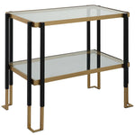 Two-tiered glass table with black and gold metal frame on a white background