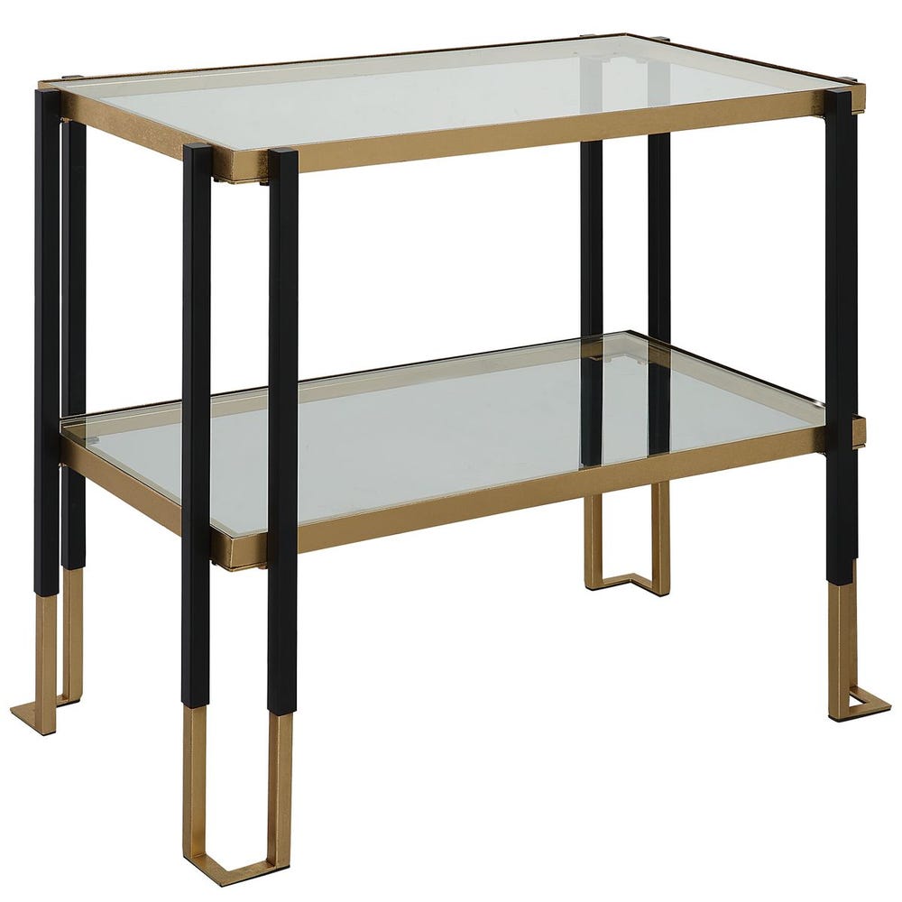 Two-tiered glass table with black and gold metal frame on a white background
