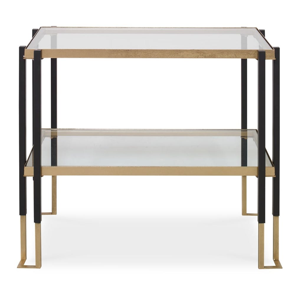 Two-tiered glass table with black and gold frame on a white background