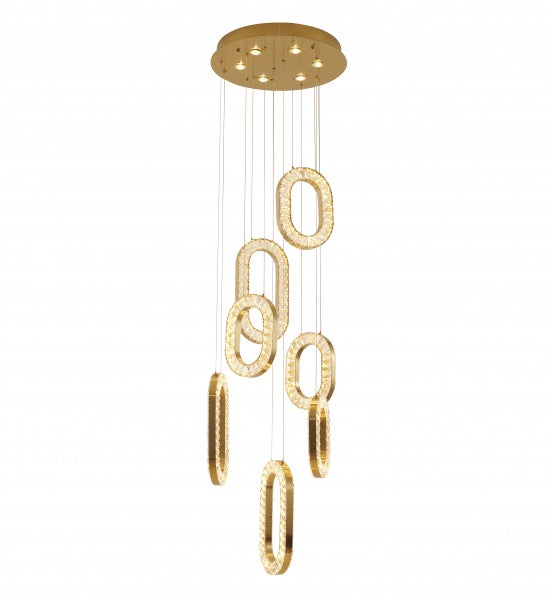 A gold-colored LED chandelier with a modern design, featuring circular and oval shapes with crystal accents, suspended by adjustable cords.