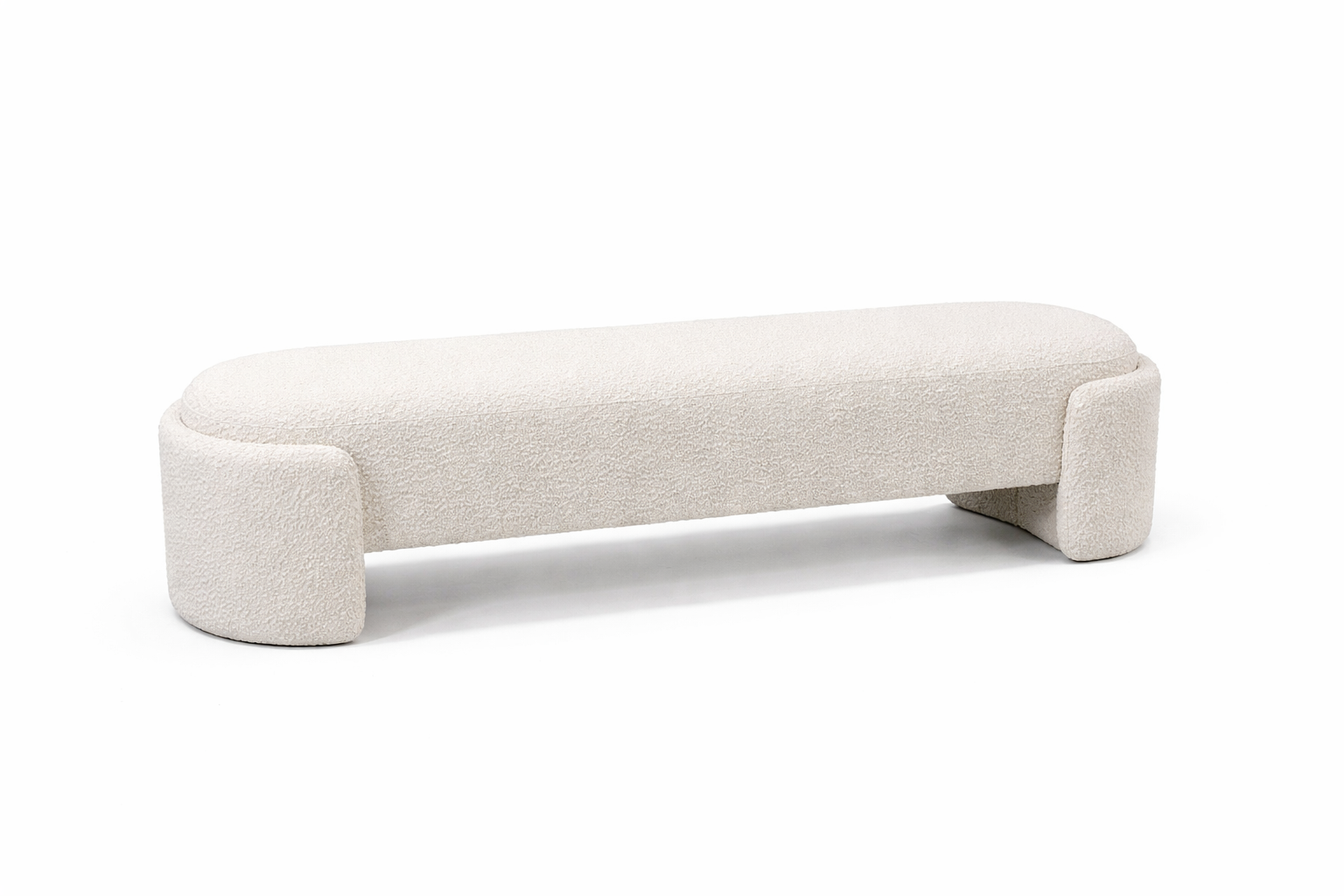 Beige upholstered bench on a white background