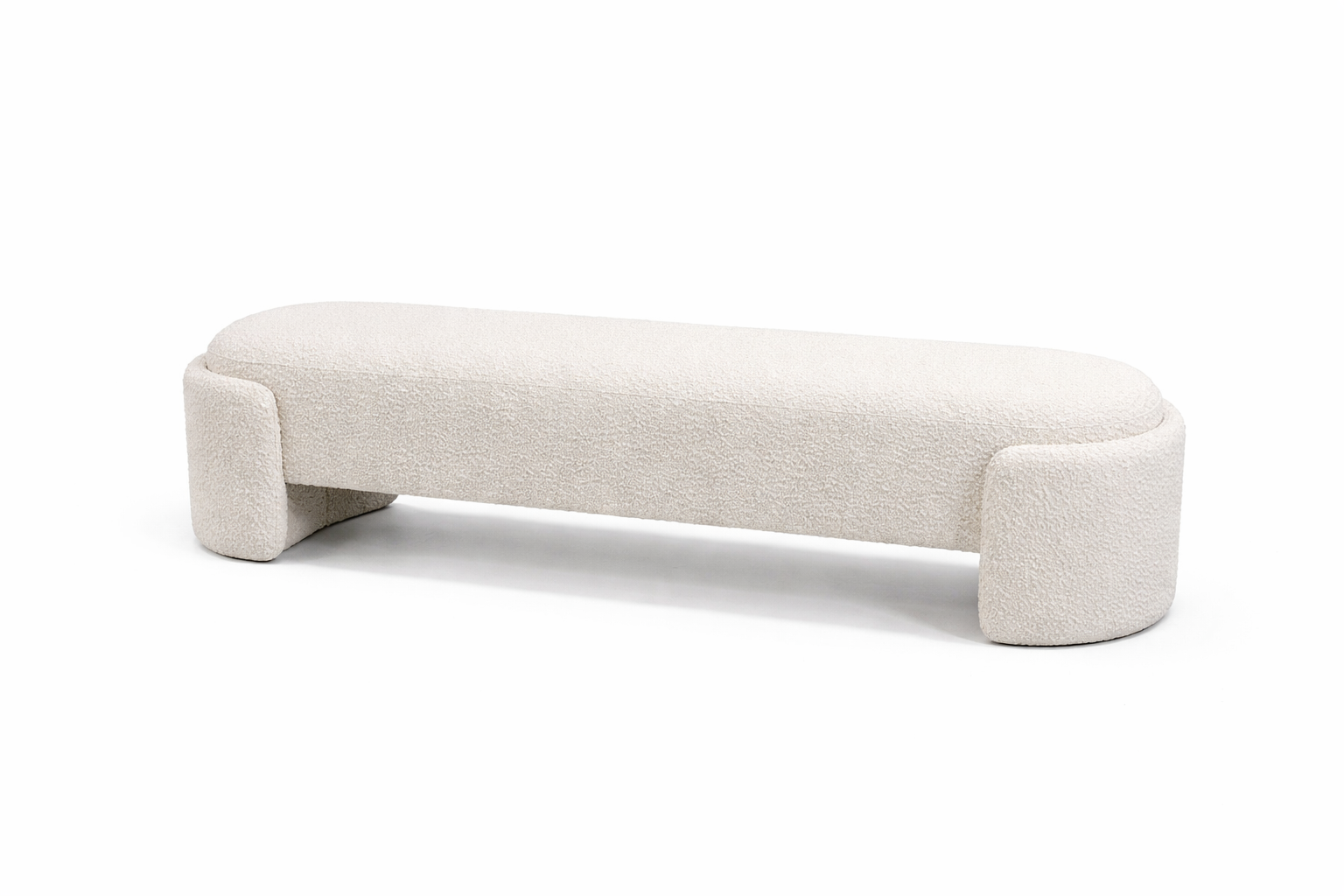 Beige upholstered bench on a white background