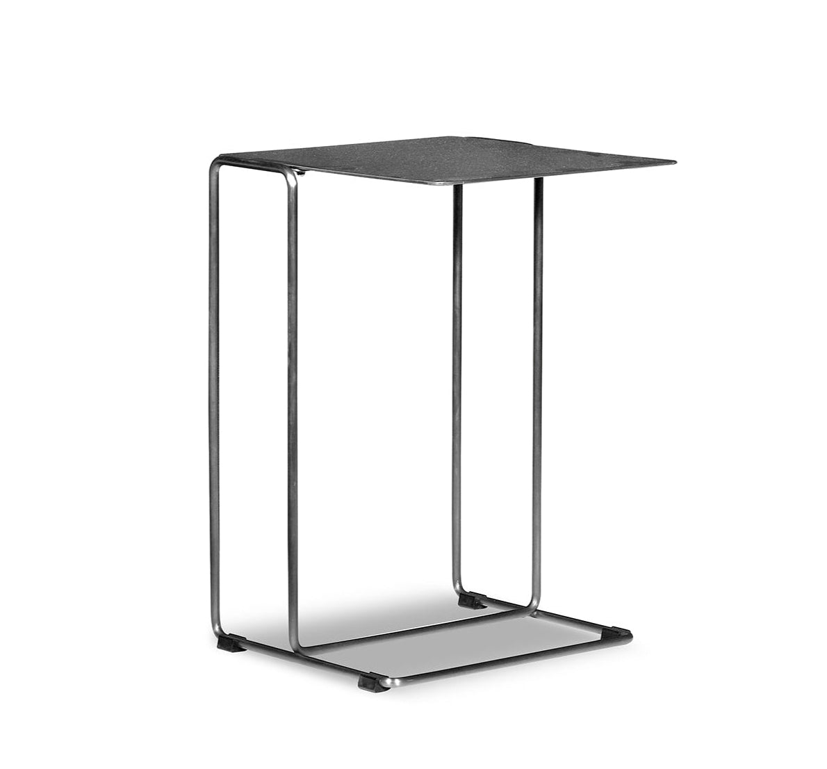 Modern side table with black top and chrome frame on a white background