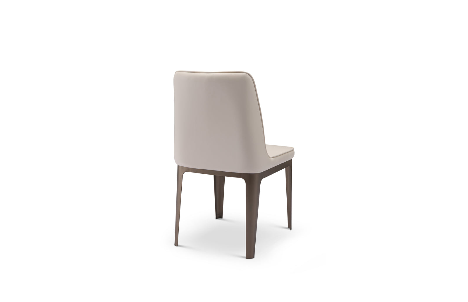 A beige upholstered dining chair with a high backrest and a straight seat type, isolated on a white background.