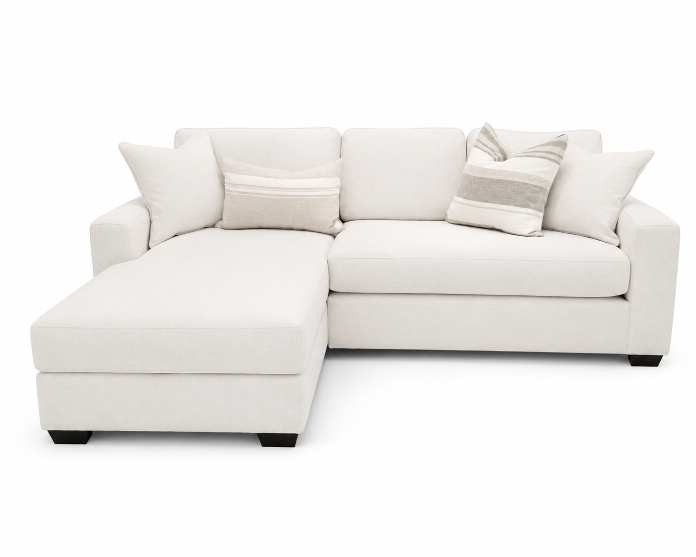 A light cream or off-white upholstered sectional sofa with a left-facing chaise lounge, styled with four throw pillows including two striped accent pillows, set against a plain white background.