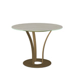 Round table with a light green top and bronze legs on a white background