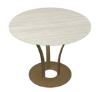 Round table with a marble-like top and bronze base on a white background