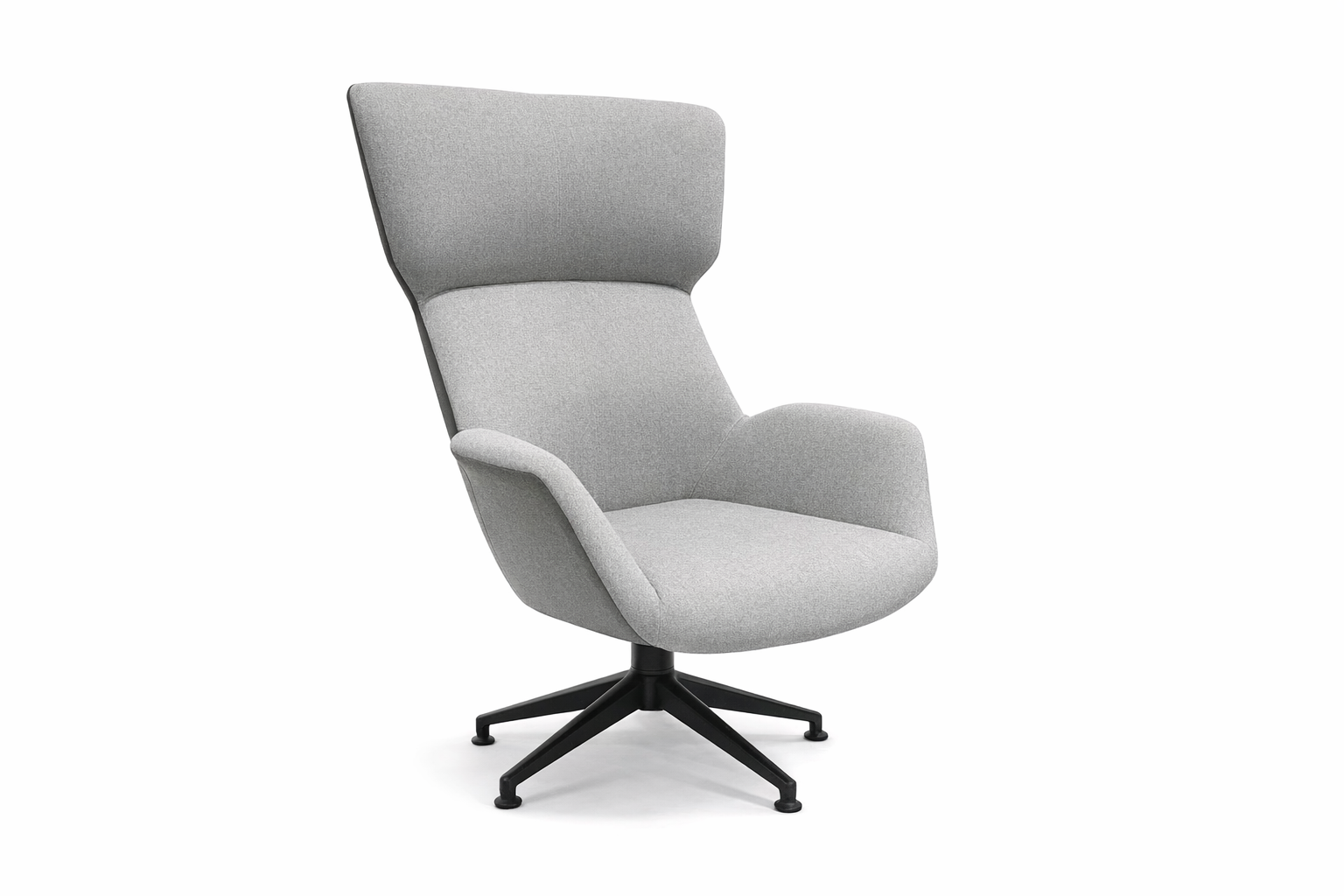 Gray armchair with a black swivel base on a white background