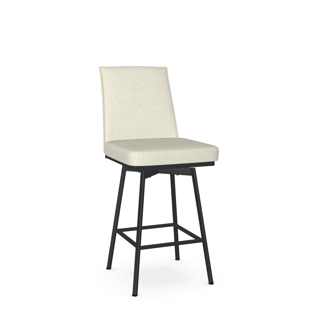 A beige upholstered swivel counter stool with a metal frame.