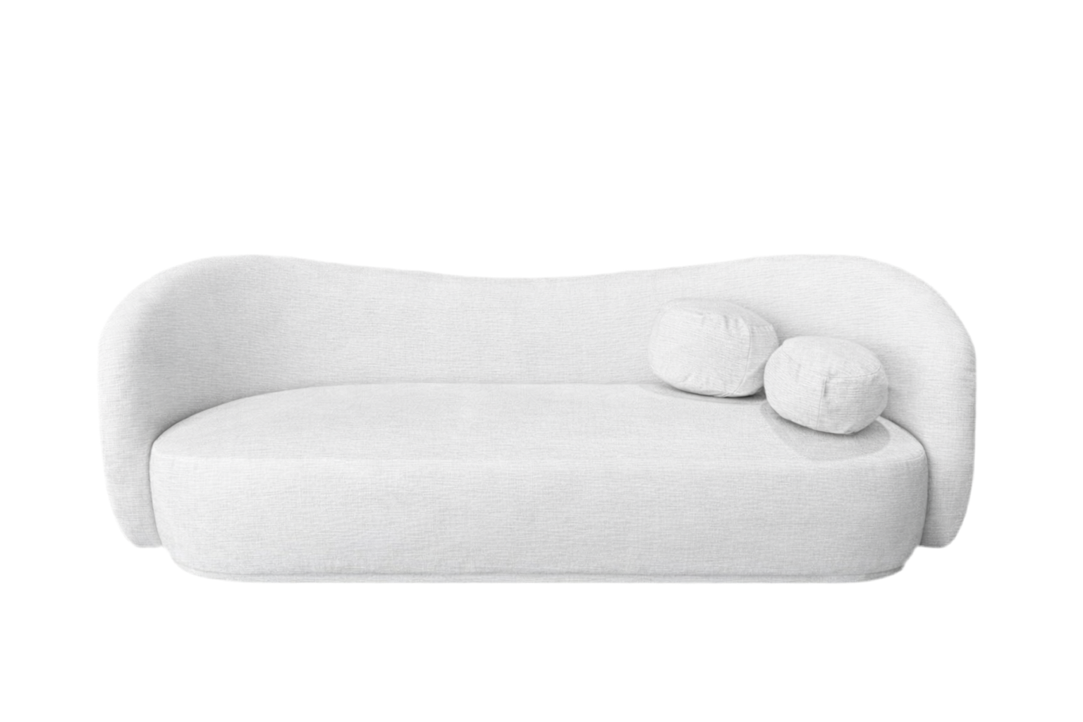 Modern white sofa with spherical cushions on a white background