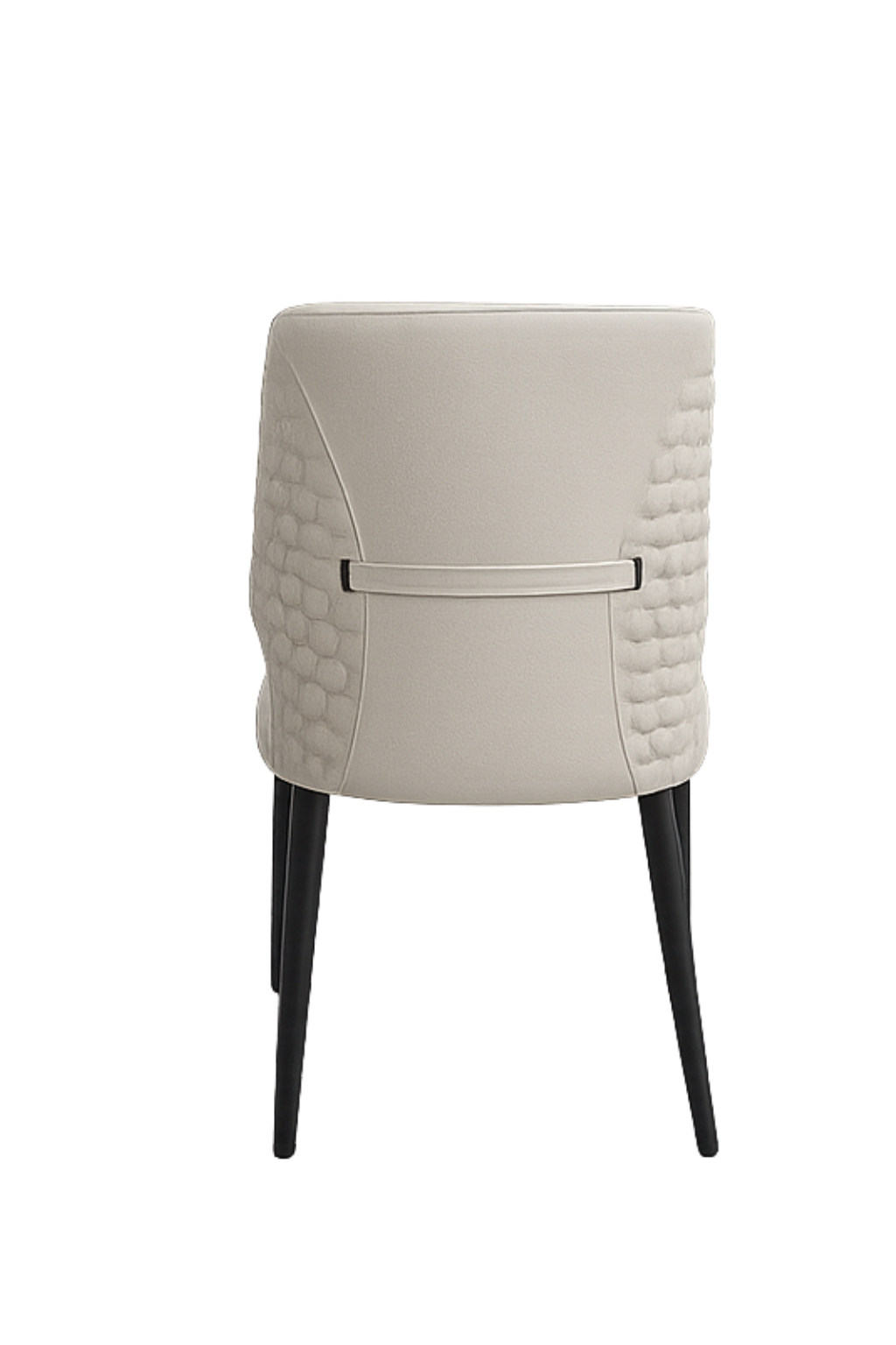 Beige upholstered chair with quilted design on a white background