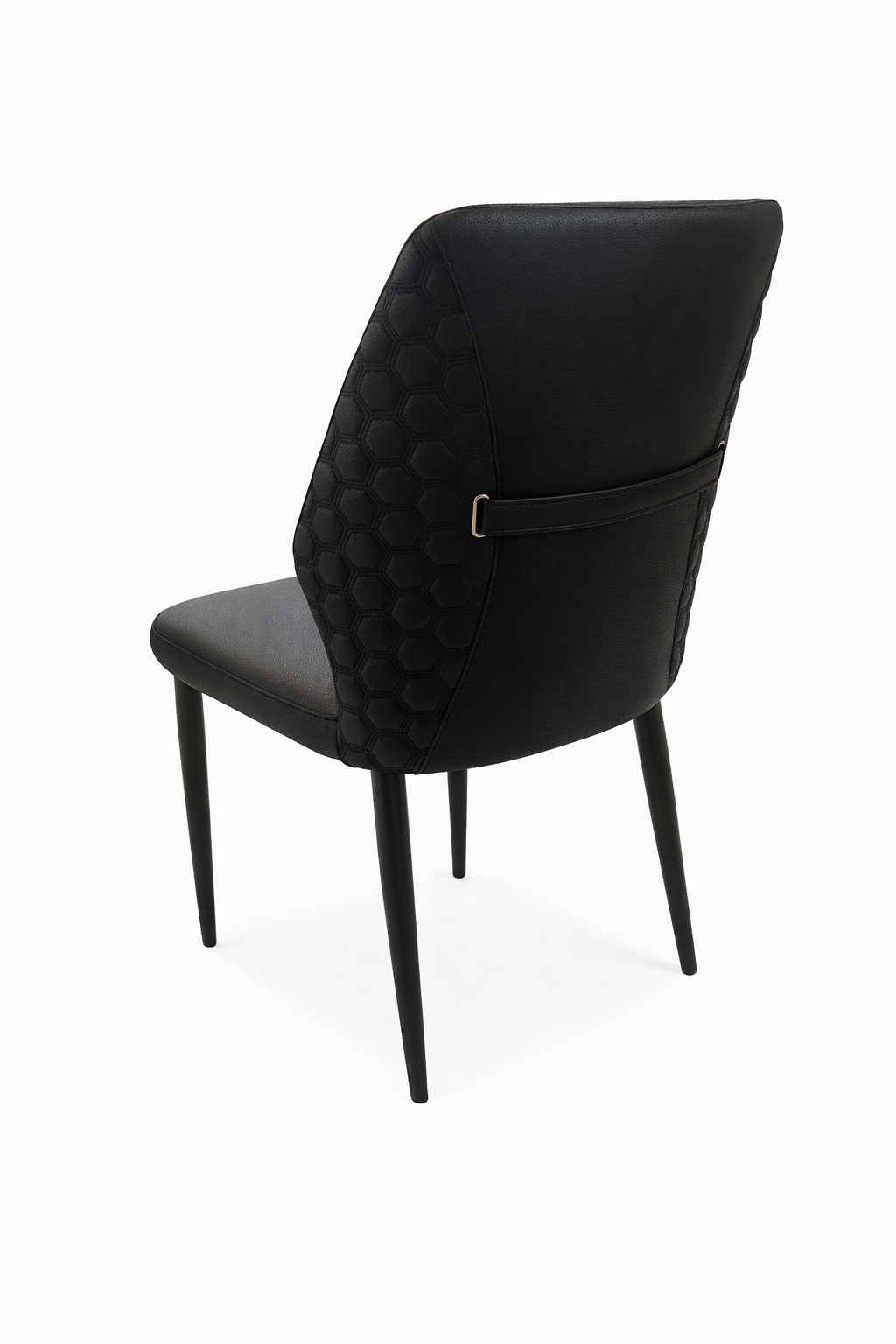 Black upholstered chair with quilted backrest on a white background