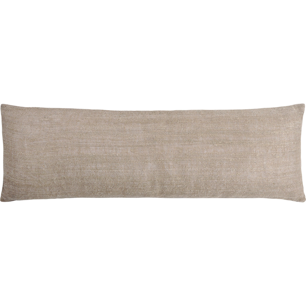 A beige decorative pillow with a simple solid pattern, 20 inches square, with a cotton linen back.
