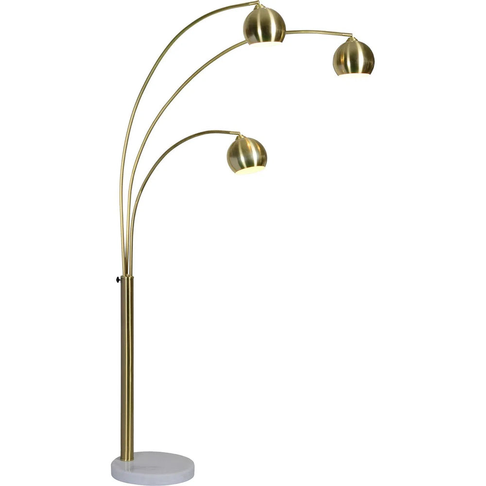 A modern industrial style metal floor lamp with a gold finish, featuring a central stem and multiple curved branches with spherical lamp shades.
