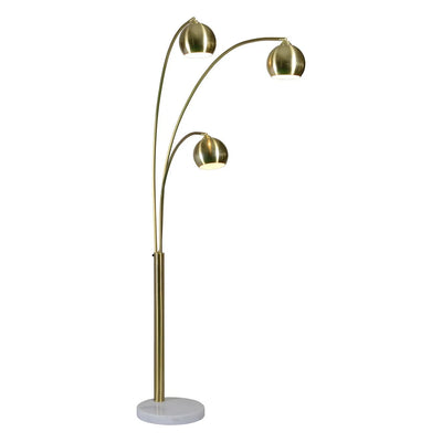 A modern industrial style metal floor lamp with a gold finish, featuring a central stem and multiple curved branches with spherical lamp shades.