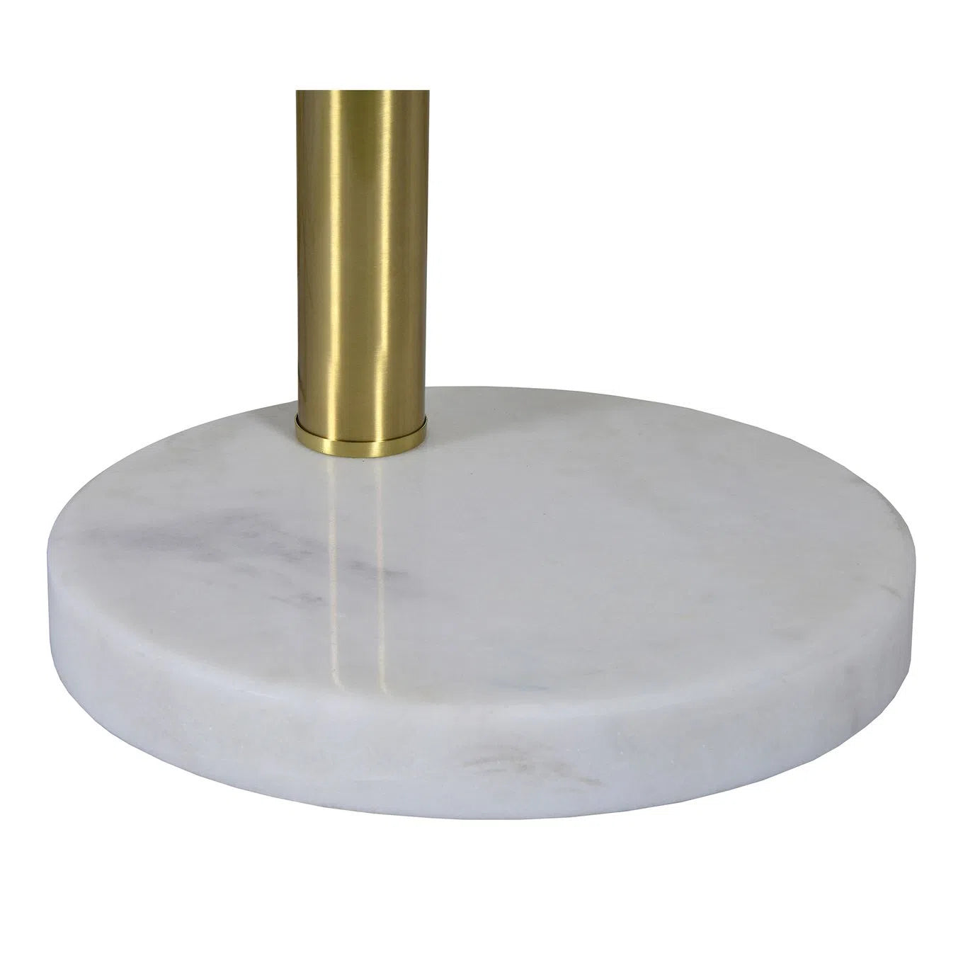 Close-up of a modern industrial style metal floor lamp with a gold finish, featuring a central stem and multiple curved branches with spherical lamp shades.