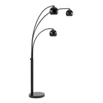 A modern industrial style metal floor lamp with a black finish, featuring a central stem and multiple curved branches with spherical lamp shades.