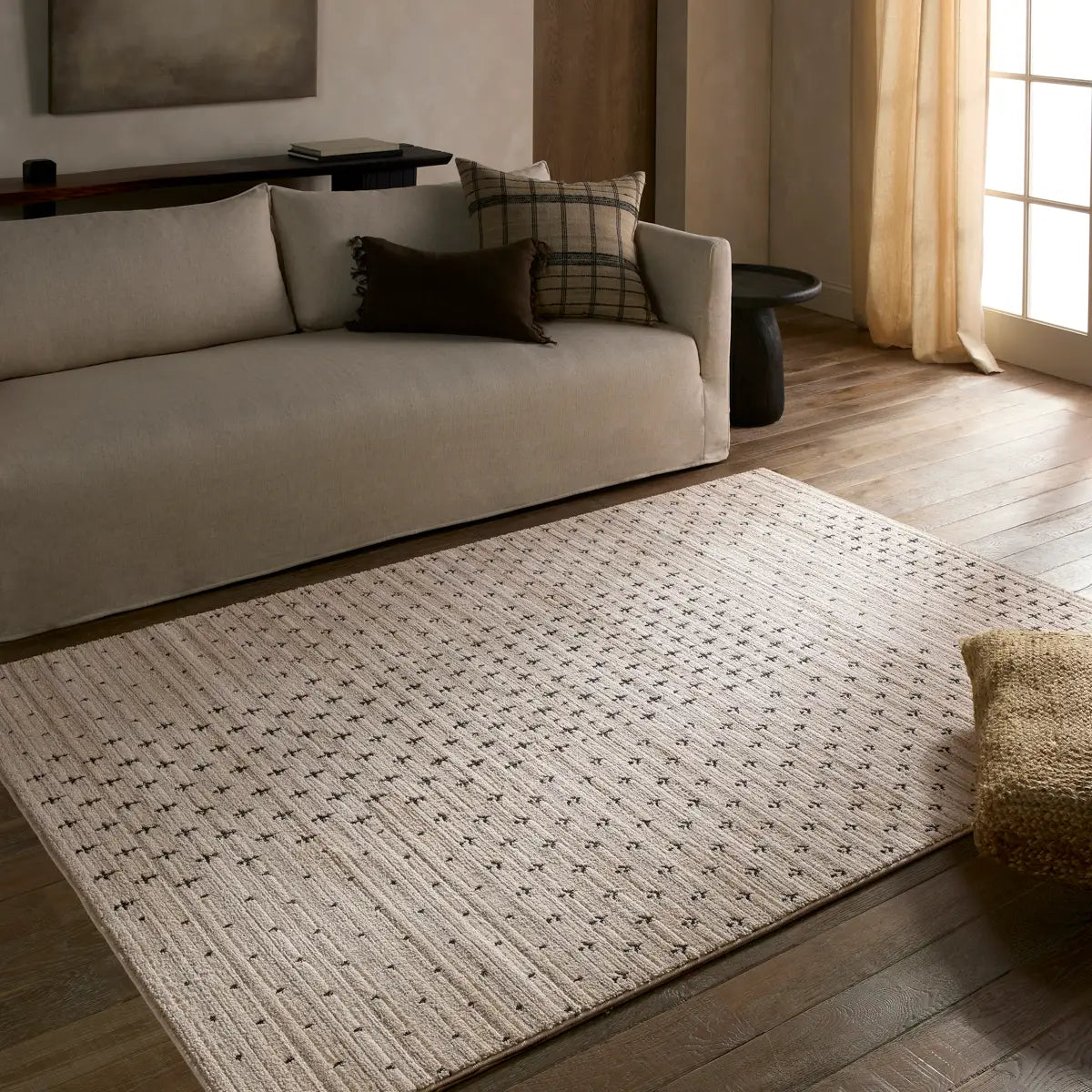 Beige rug with a subtle pattern in a living room setting