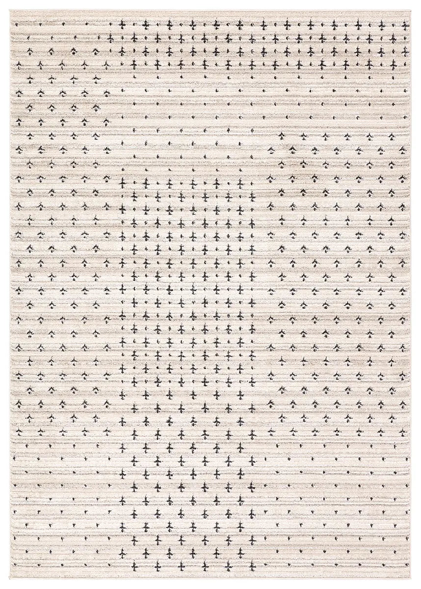Textured beige rug with subtle pattern on a plain background