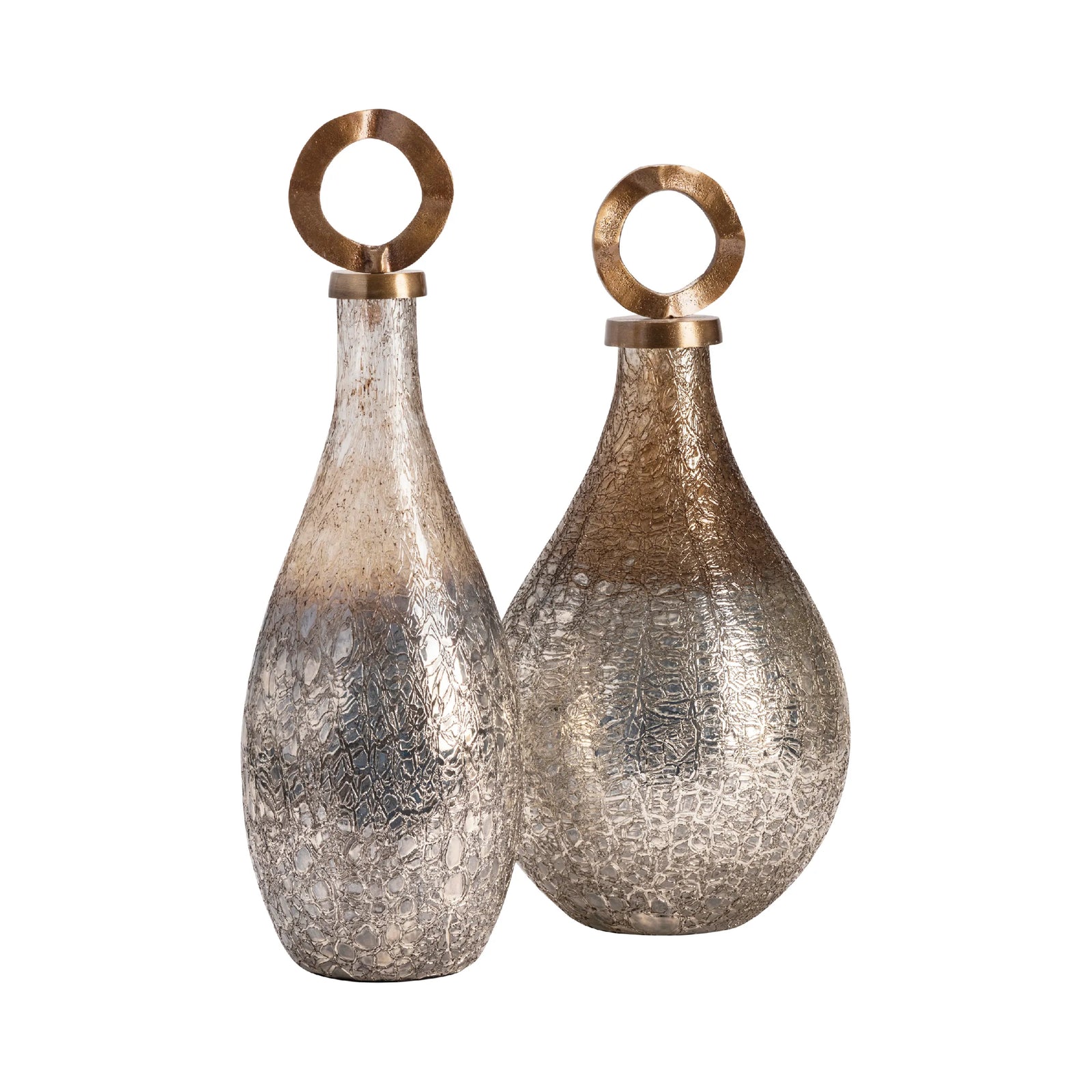 Two decorative vases with metallic finishes on a white background