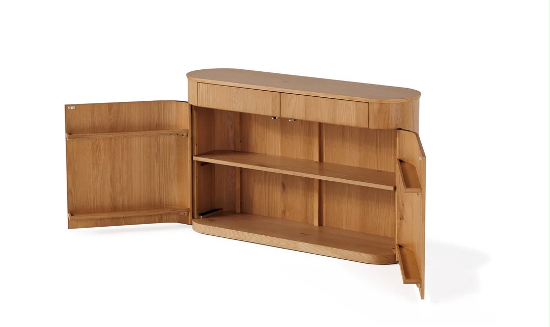 A light brown wooden sideboard cabinet with its doors open, showing two upper drawers, two open shelves, and a lower storage compartment, set against a plain white background.