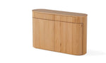 Wooden sideboard with curved design on a white background