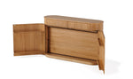 Wooden sideboard with open doors on a white background