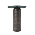 Glass top table with a dark cylindrical base on a white background