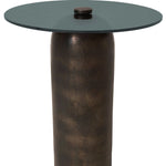 Side table with a dark green glass top and bronze base on a white background