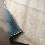 Close-up of a beige rug with a blue border on a wooden floor.