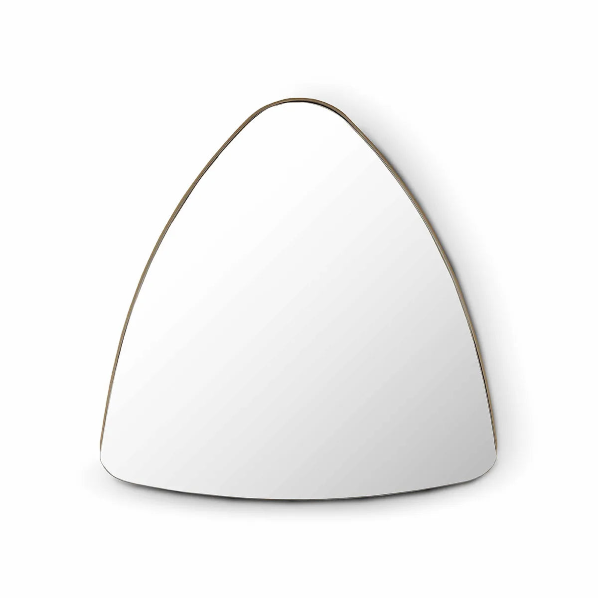 Triangular mirror with a thin gold frame on a white background