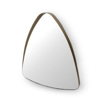 Triangular mirror with a wooden frame on a white background