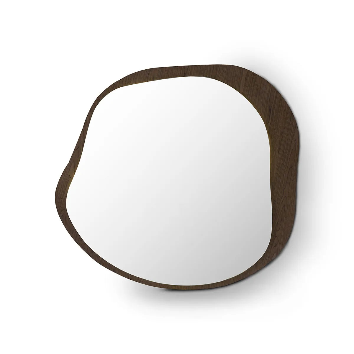 Modern wall mirror with a dark brown wooden frame on a white background