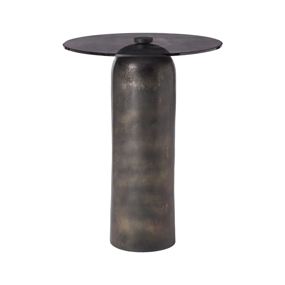 Black cylindrical side table with a round top on a white background