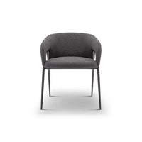 Gray upholstered chair with metal legs on a white background