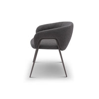 Gray upholstered chair with metal legs on a white background