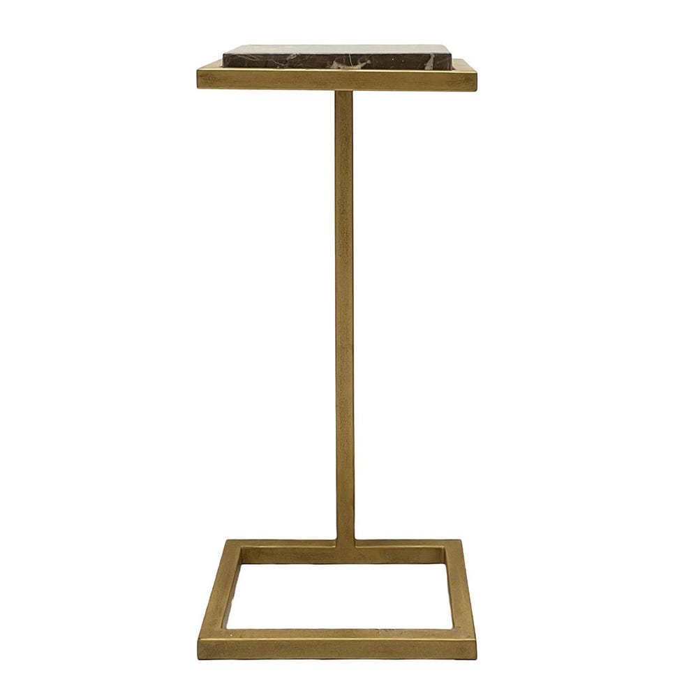 Gold side table with a square base and rectangular top on a white background