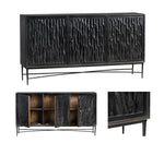 Black textured cabinet with open and closed doors on a white background