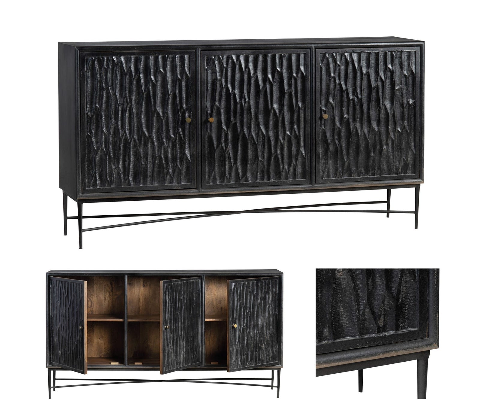 Black textured cabinet with open and closed doors on a white background
